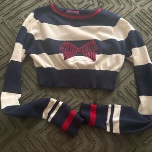 Edikted Striped Navy &  White Cropped Sweater w/ Red Bow ❤️🤍💙🎀